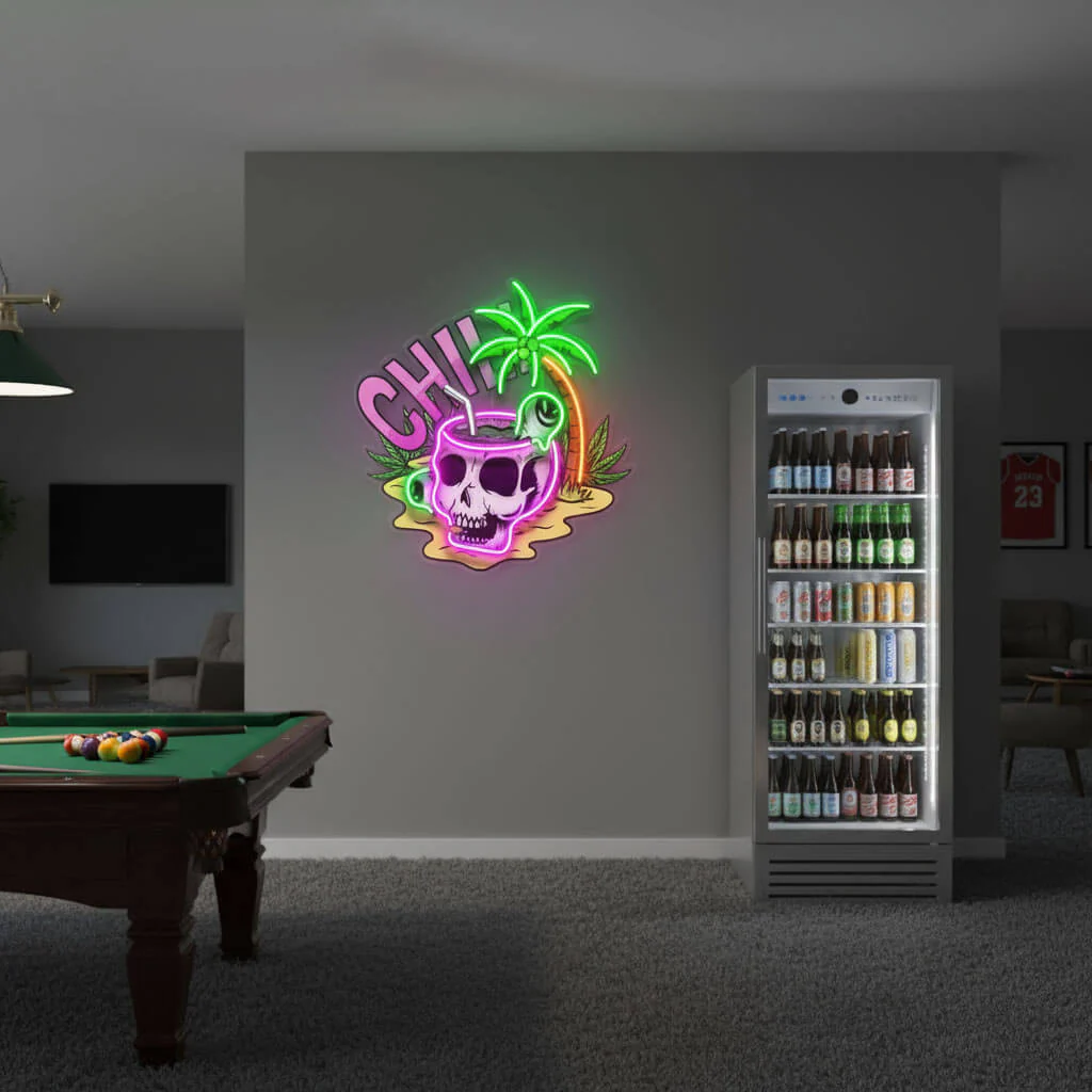 Chill Skull Tropical UV Print LED Neon Art Sign - Image 3